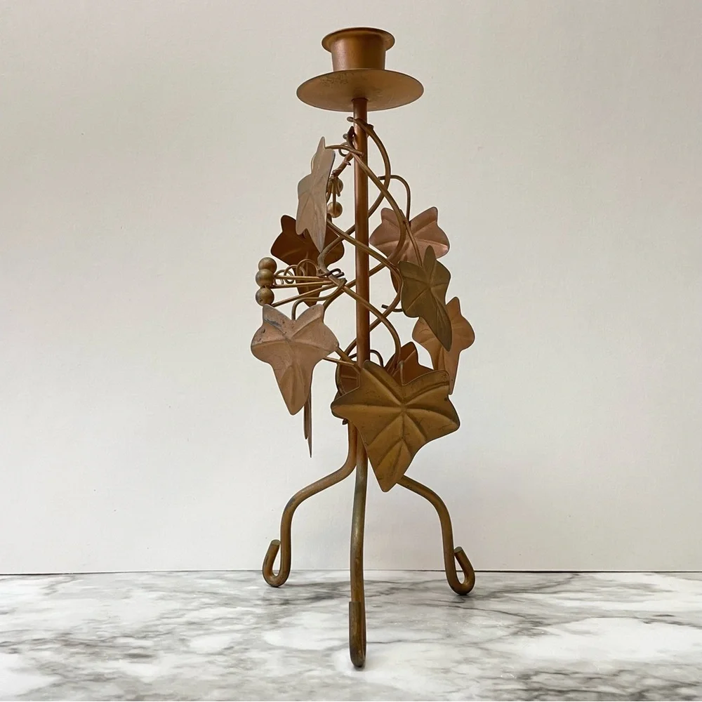 Vintage Metal Gold Color Leaf 3-Footed Candle Holder 10